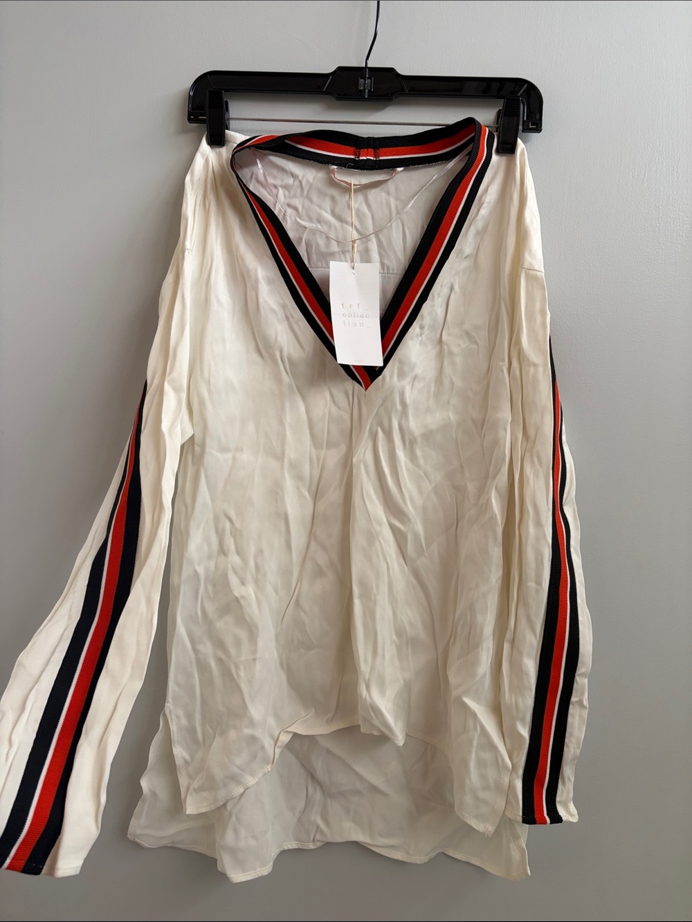 Zara Cream V-Neck Tunic with Red and Navy Stripe Trim